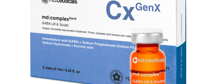 md:complex GenX GABA Lift & Sculpt – advanced firming serum with GABA, Sodium PGA, Hyaluronic Acid, and Succinic Acid.